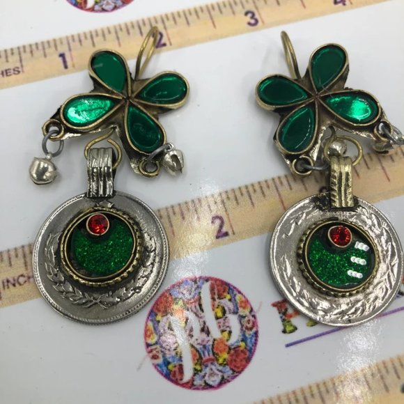 Jewelry - Green Afghan Glass Stone Earrings, Afghani Flower Earrings, Dangling Earrings